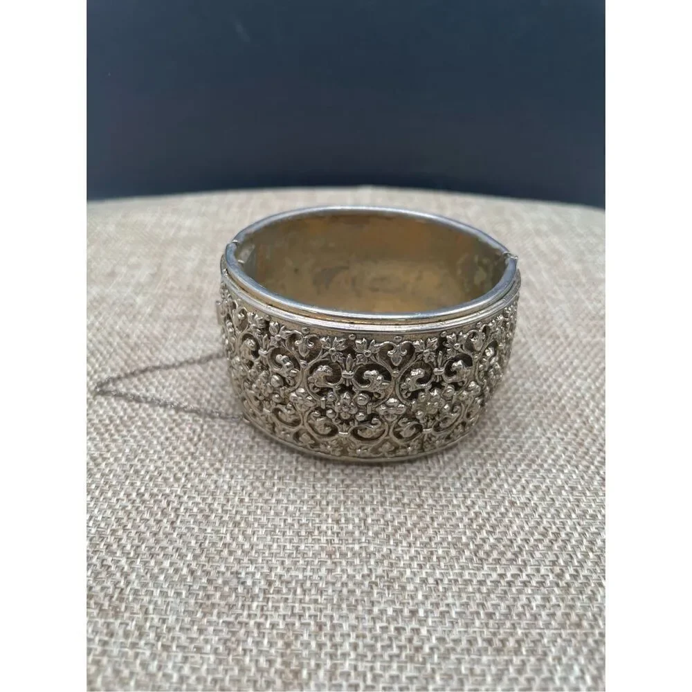 Vintage Silver Tone Wide Cuff Bangle Bracelet Scrolled Fancy Safety Chain